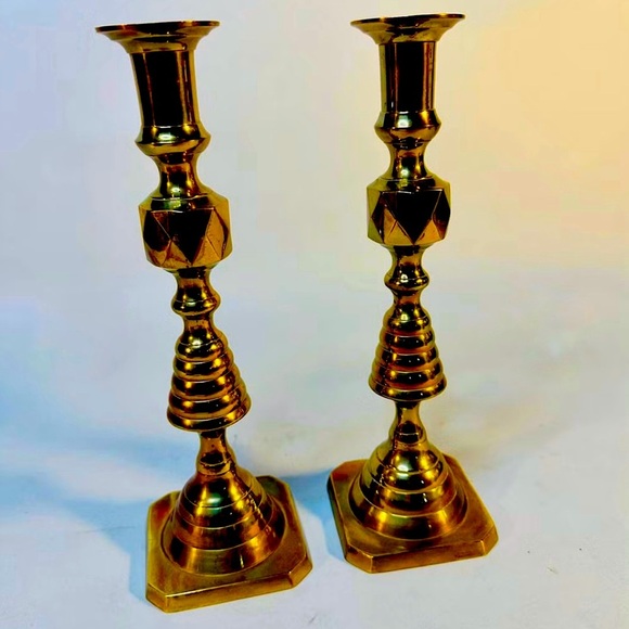 Pair of Vintage Brass Tapered Candleholders – 10.25” Tall. MCM Geometric Design. - Picture 1 of 7